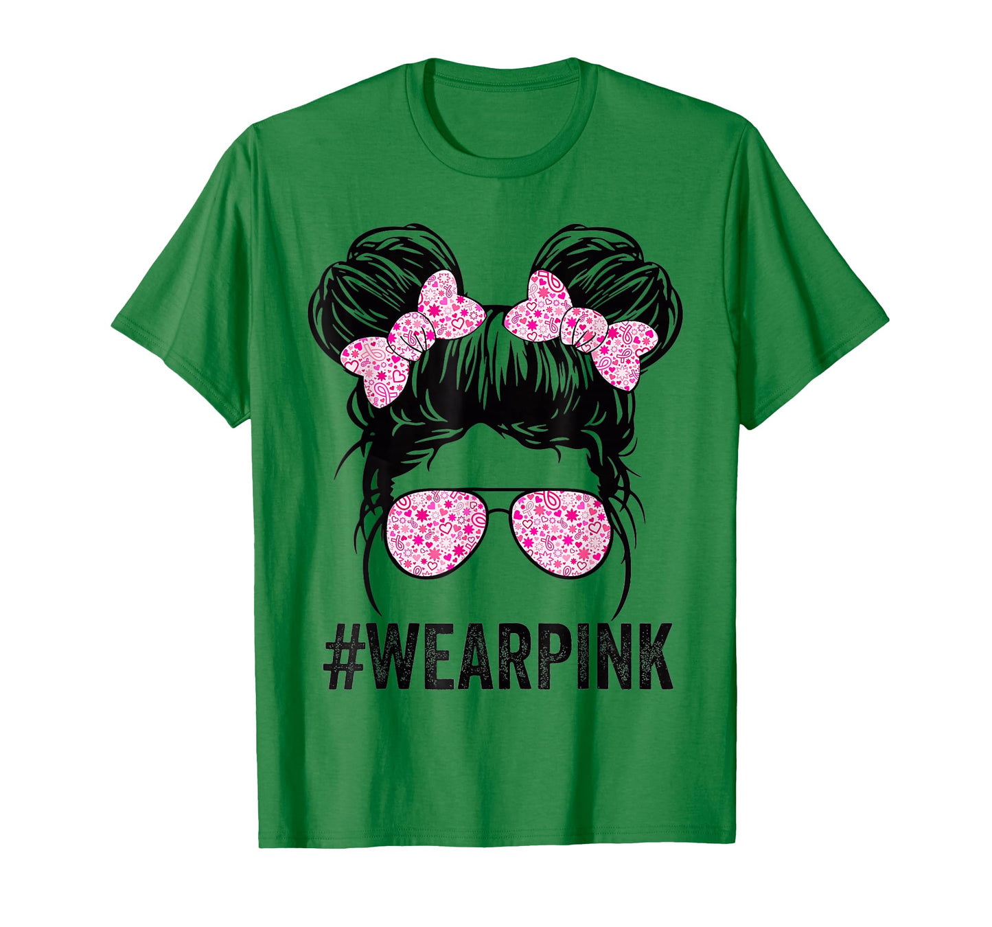 Kid Messy bun glasses wear pink breast cancer awareness T-Shirt