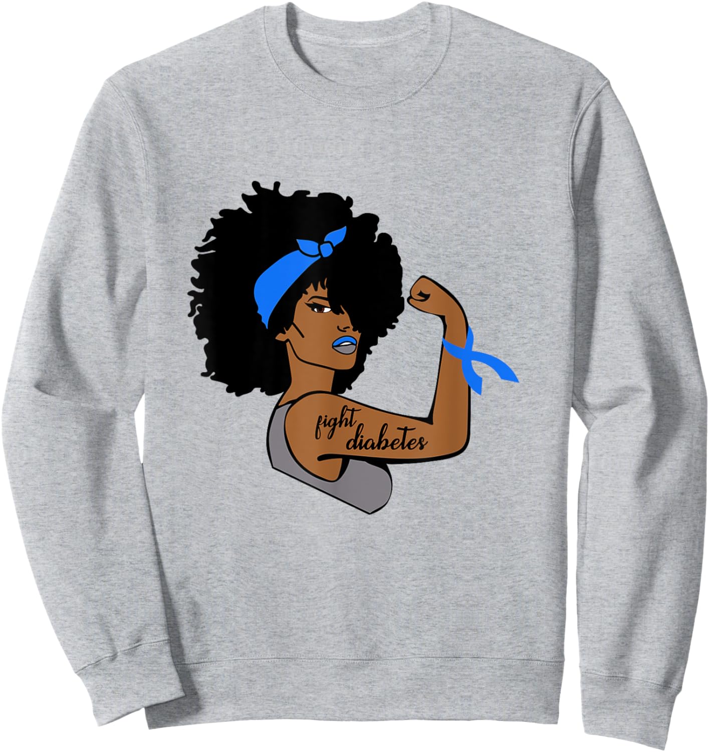 Fight Diabetes African American Woman Blue Ribbon Awareness Sweatshirt - Sweatshirt | Ash