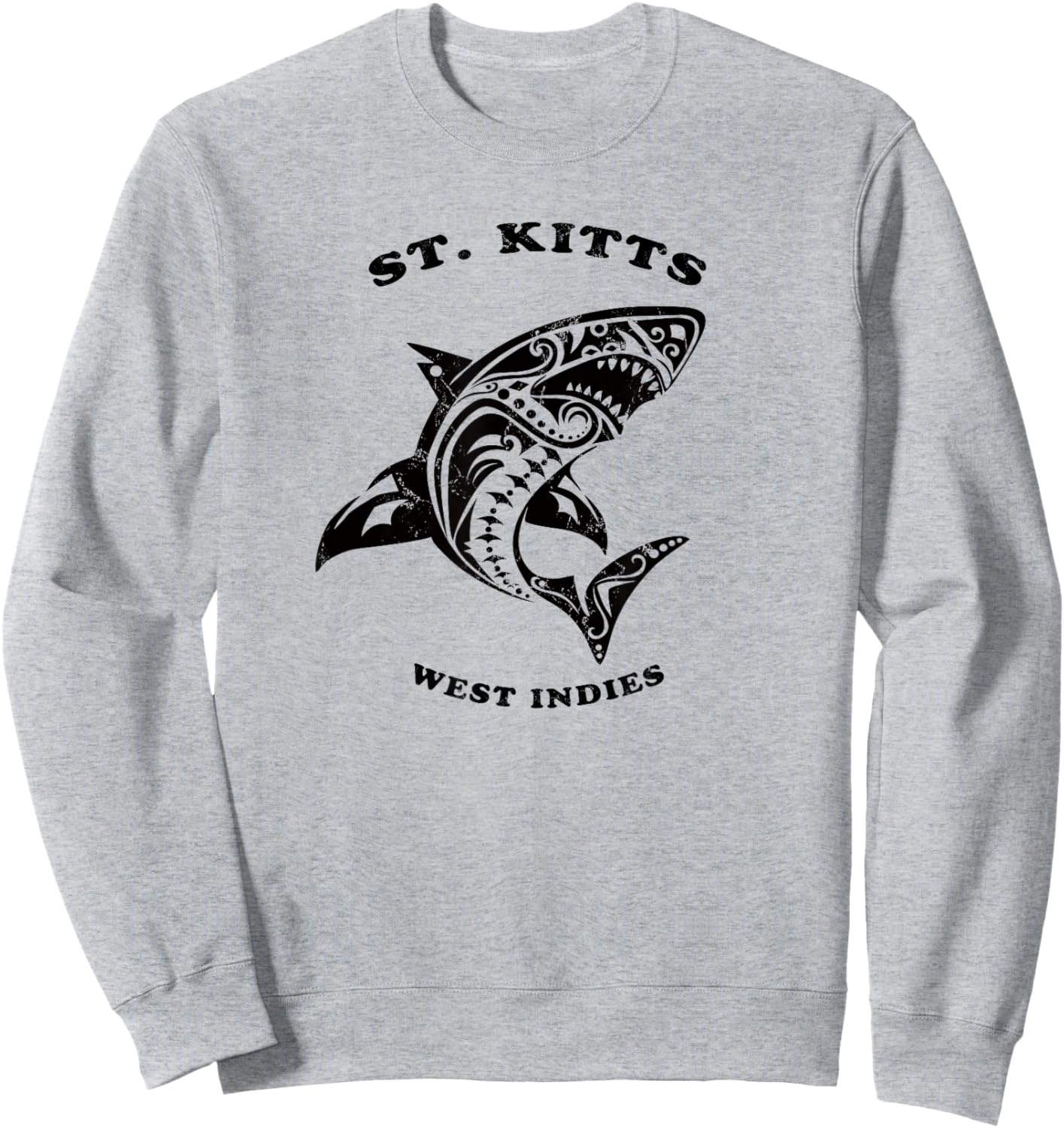 St. Kitts, West Indies Vintage Retro Tribal Shark Vacation Sweatshirt - Sweatshirt | Ash
