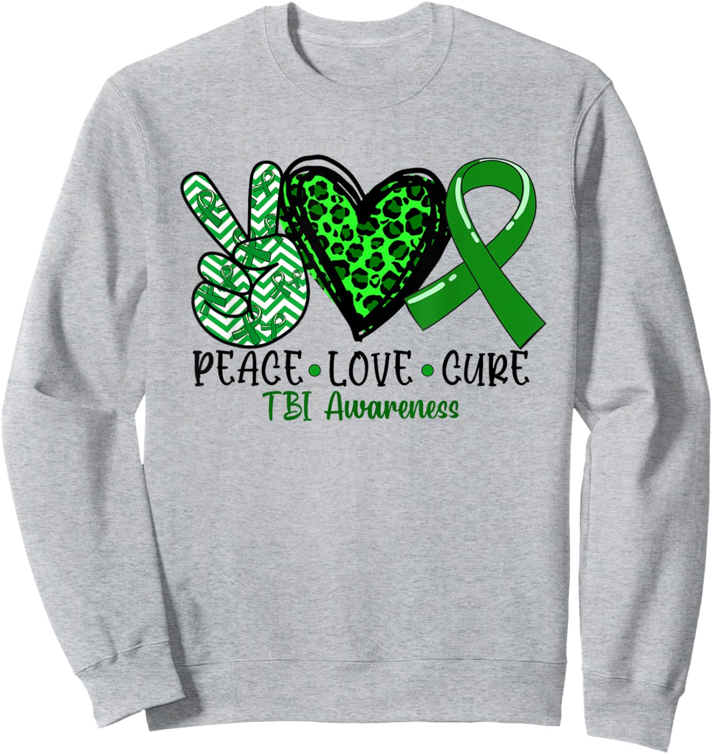 Peace Love Cure TBI Traumatic Brain Injury Awareness Sweatshirt - Sweatshirt | Ash