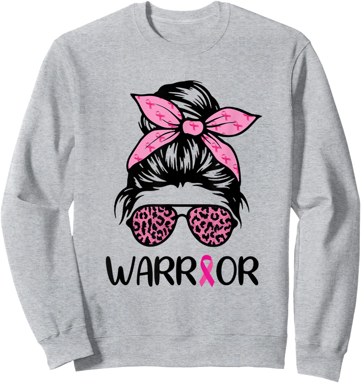 Warrior Breast Cancer Awareness Messy Bun Leopard Pink Sweatshirt - Sweatshirt | Ash