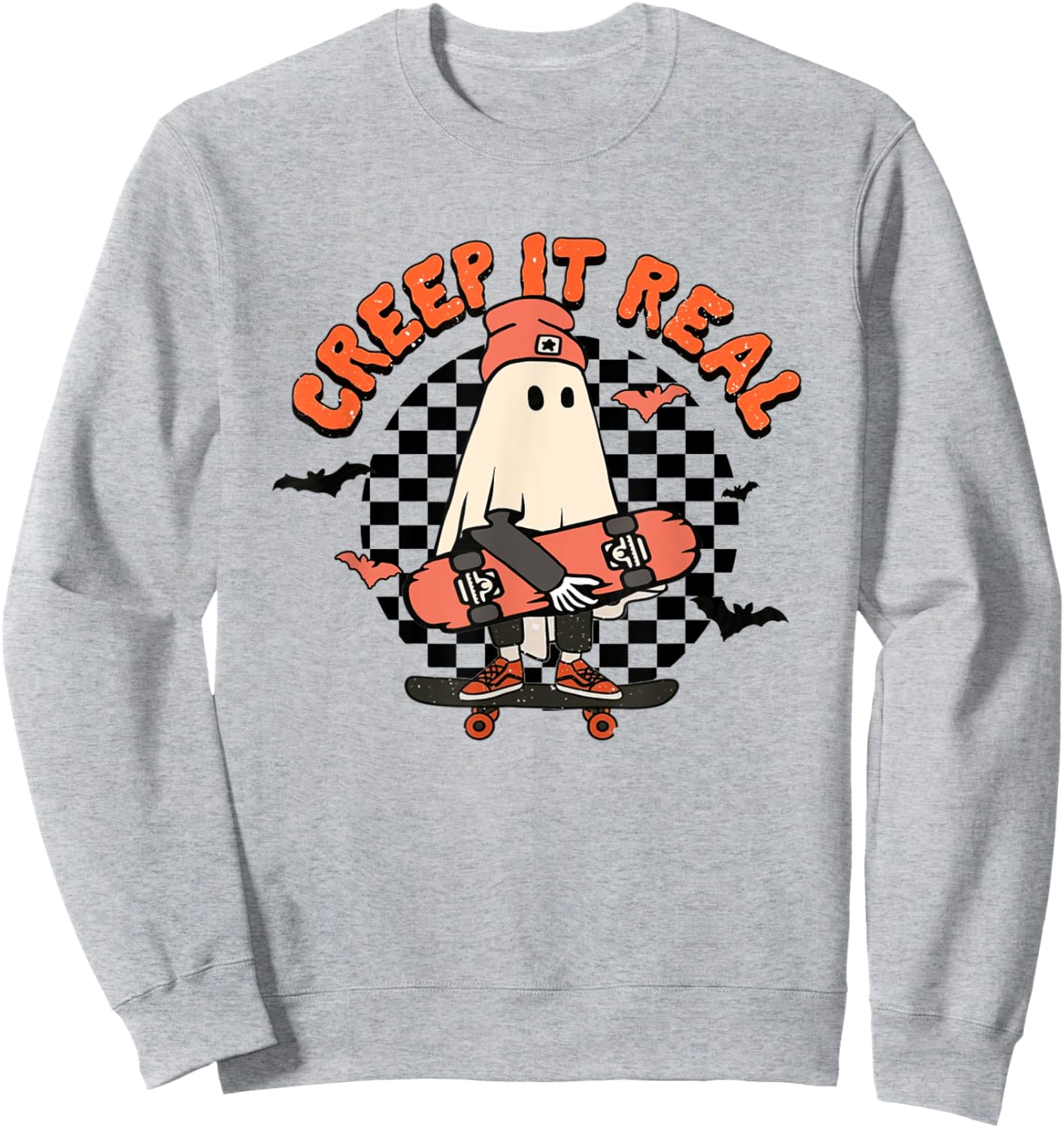 Creep It Real Retro Vintage Ghost Skateboard Halloween Fall Sweatshirt - Sweatshirt | Ash