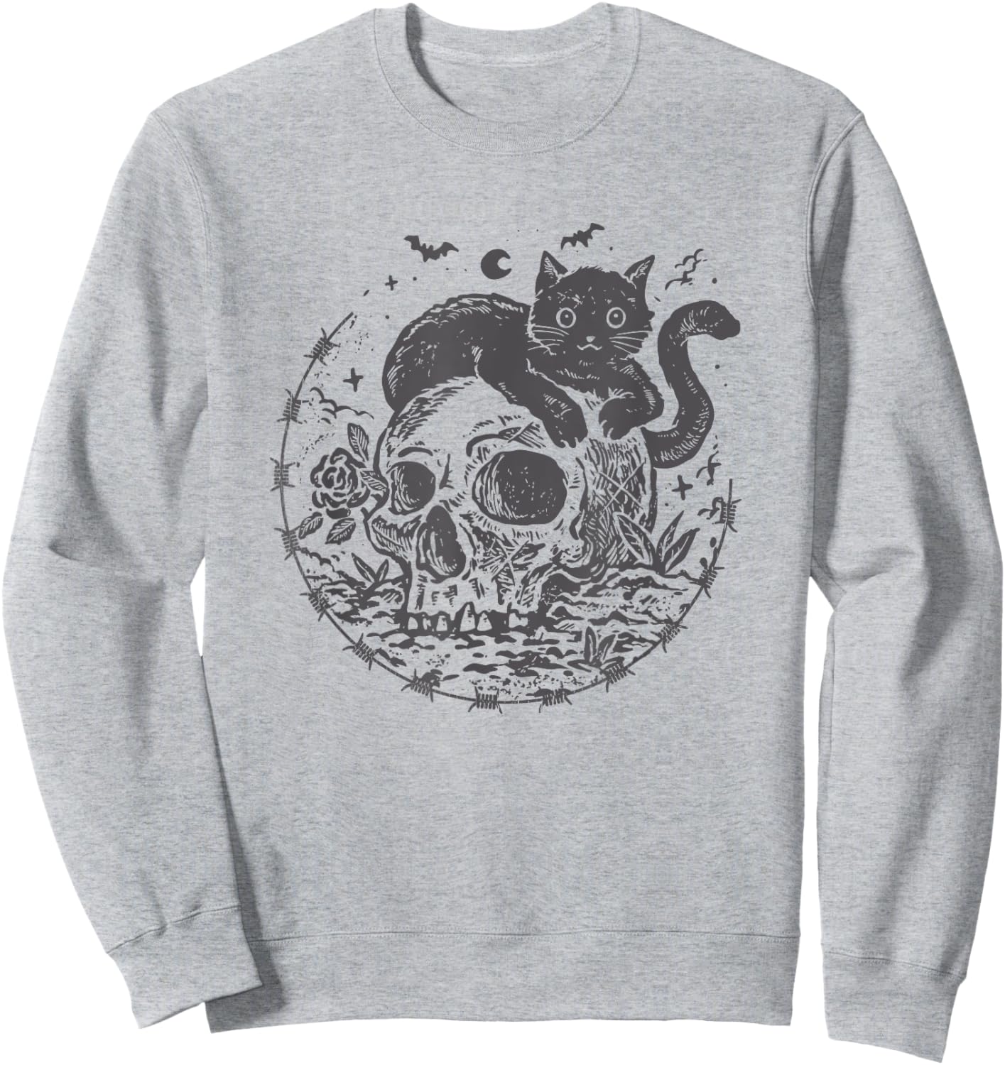 Mysterious Black Cat On A Skull Witchy Aesthetic Grunge Sweatshirt - Sweatshirt | Ash