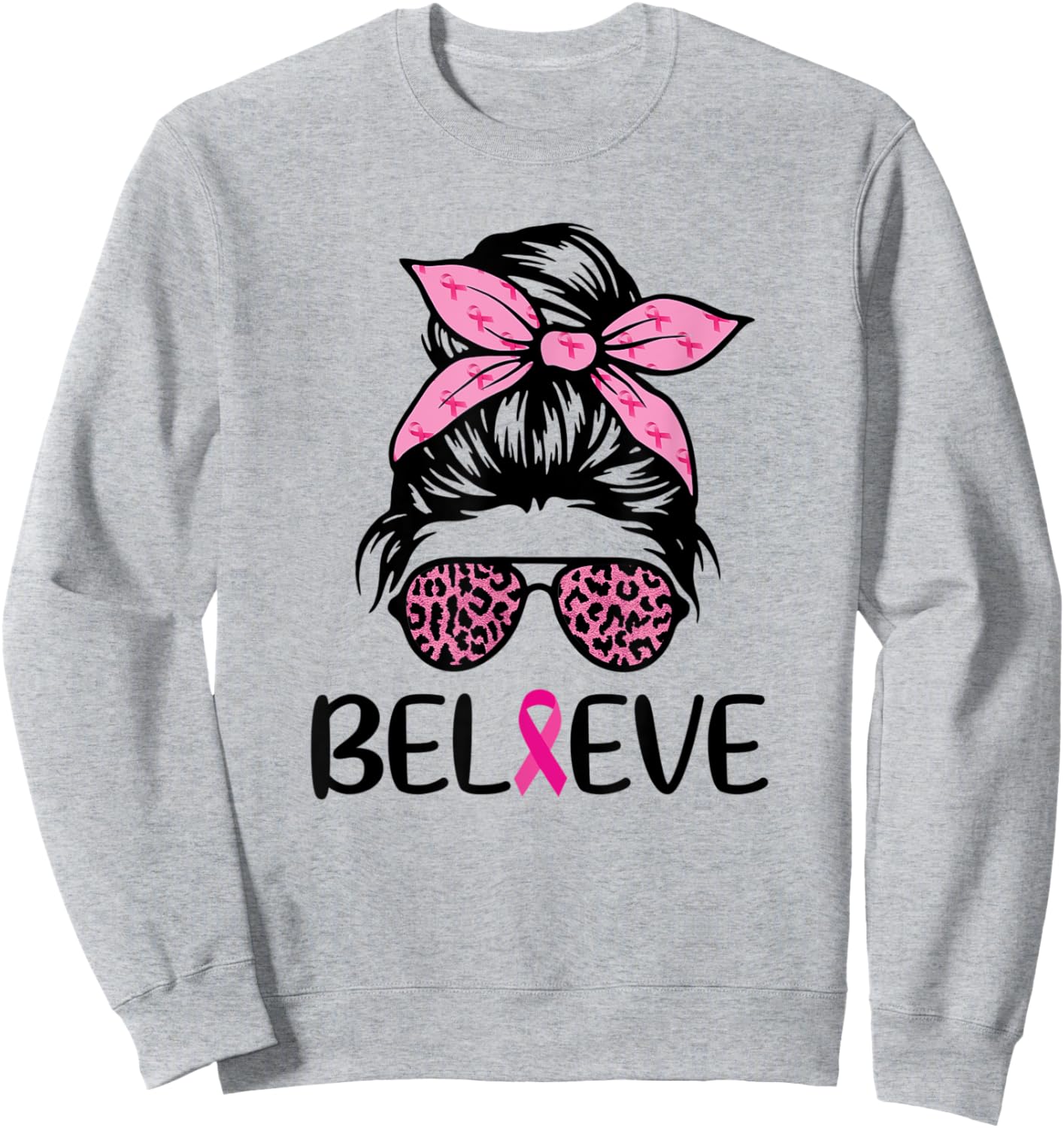 Believe Messy Bun Leopard Ribbon Breast Cancer Awareness Sweatshirt - Sweatshirt | Ash