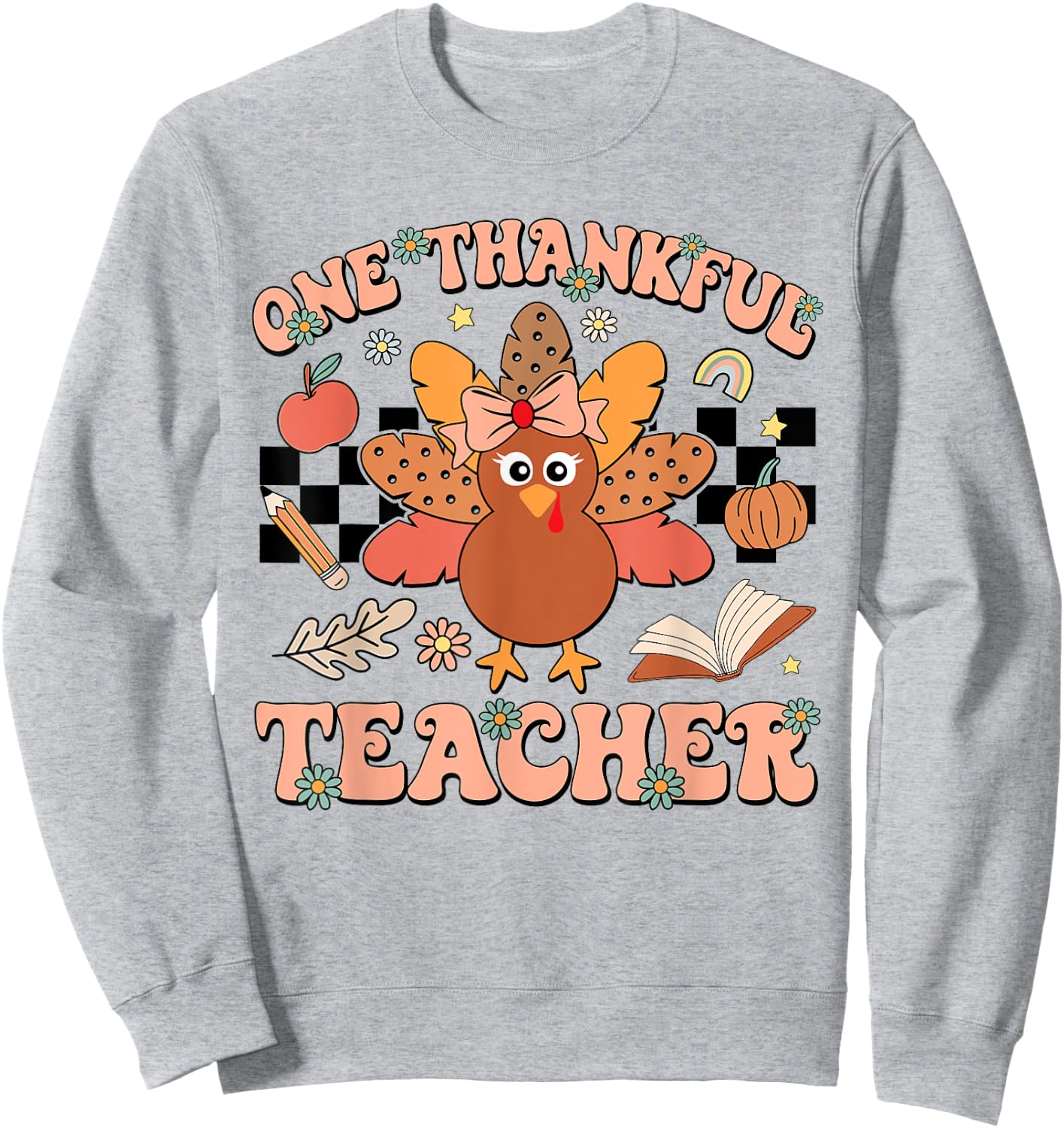 One Thankful Teacher Thanksgiving Retro Groovy Fall Teachers Sweatshirt - Sweatshirt | Ash