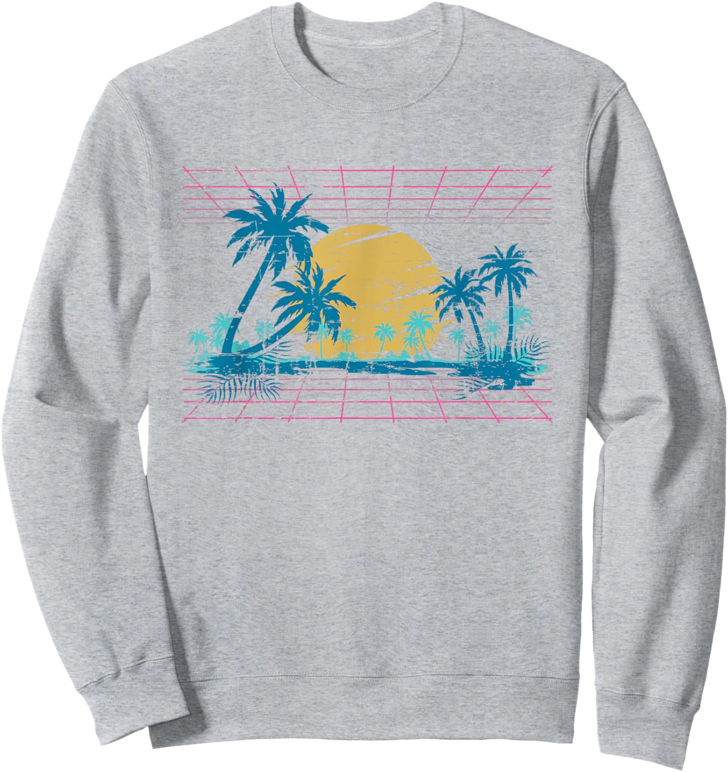 Sunset Palm Trees Beach 80s Art Vaporwave Tropical Summer Sweatshirt - Sweatshirt | Ash