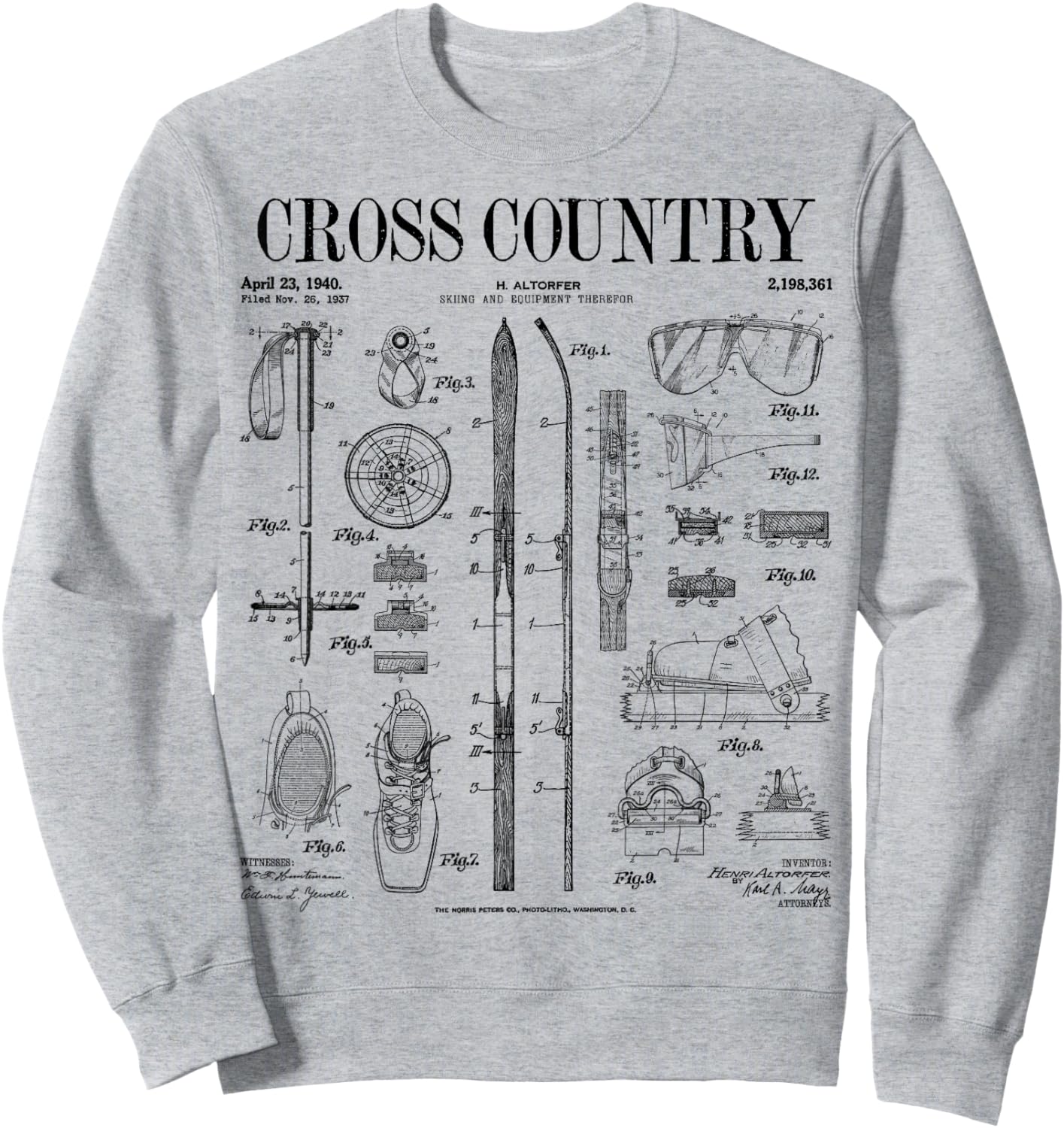 Cross Country Nordic Skiing Ski Vintage Patent Skier Print Sweatshirt - Sweatshirt | Ash