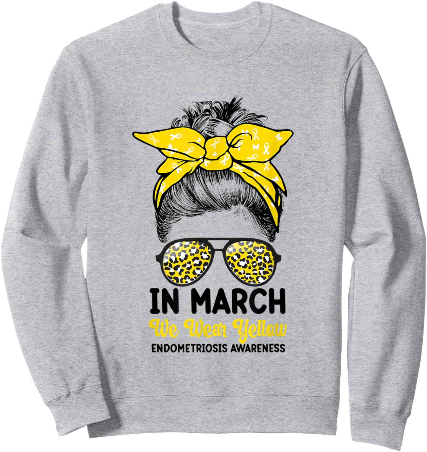 In March We Wear Yellow Messy Bun Endometriosis Awareness Sweatshirt - Sweatshirt | Ash