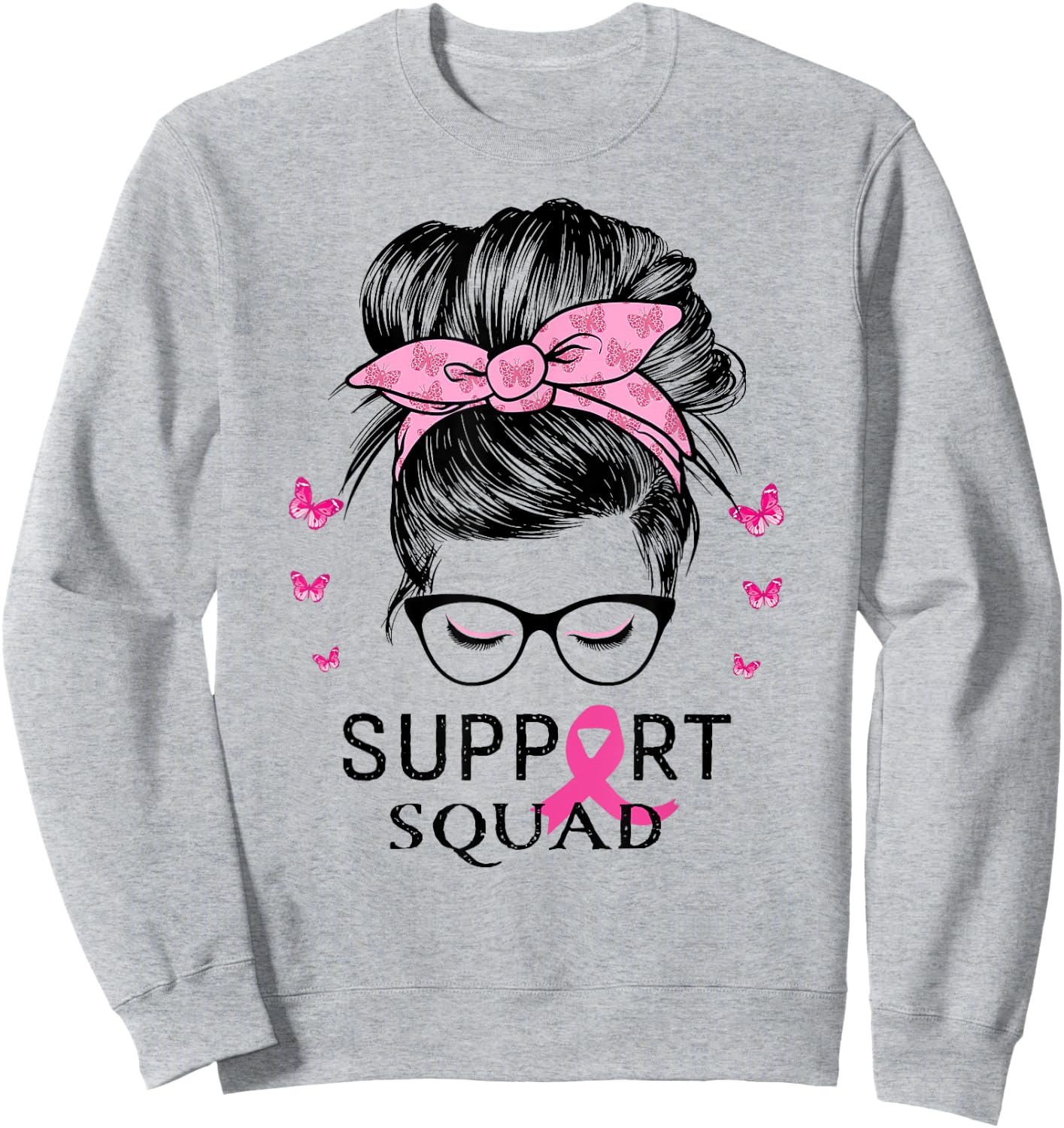 Support Squad Messy Bun Breast Cancer Awareness Sweatshirt - Sweatshirt | Ash
