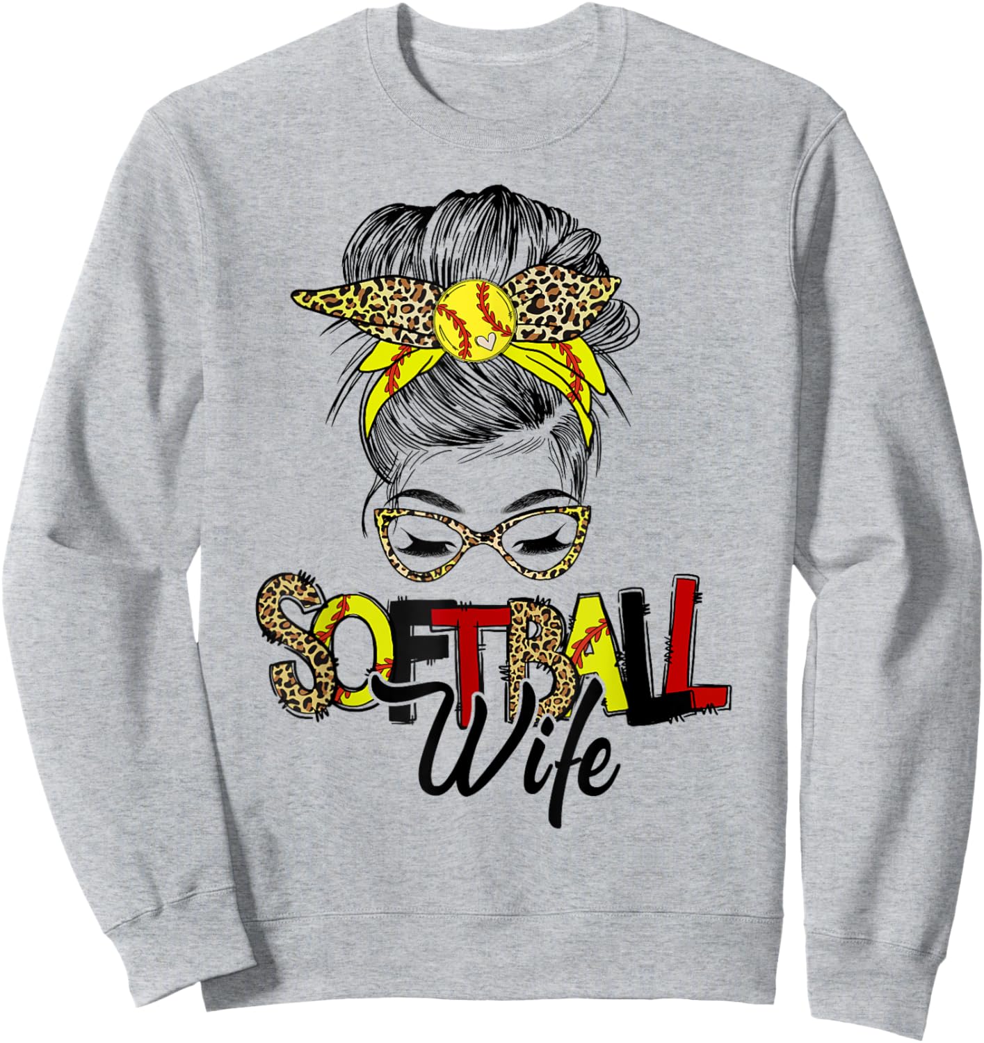 Softball Wife Life With Leopard Messy Bun Mother's Day Sweatshirt - Sweatshirt | Ash