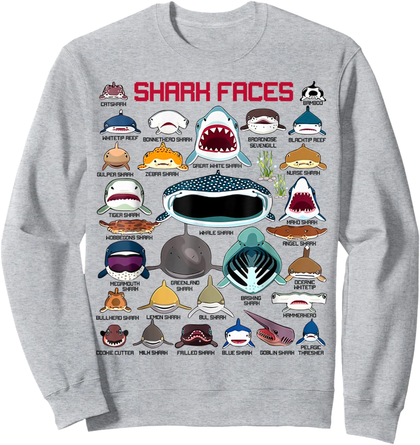 Funny Shark Faces Types Of Sharks Shark Lover Marine Biology Sweatshirt - Sweatshirt | Ash