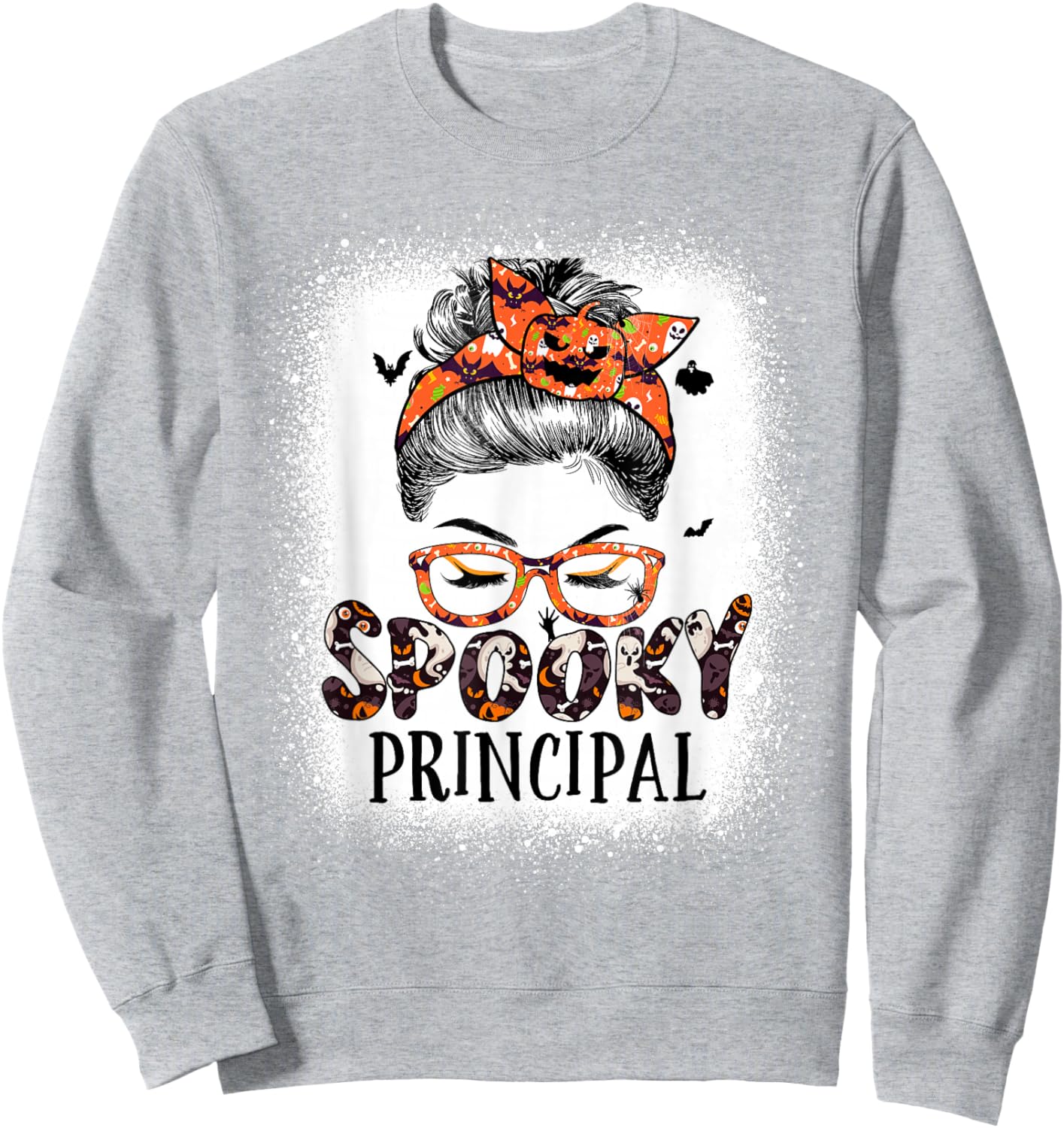 Messy Bun Spooky Principal Bleached Halloween Pumpkin Sweatshirt - Sweatshirt | Ash