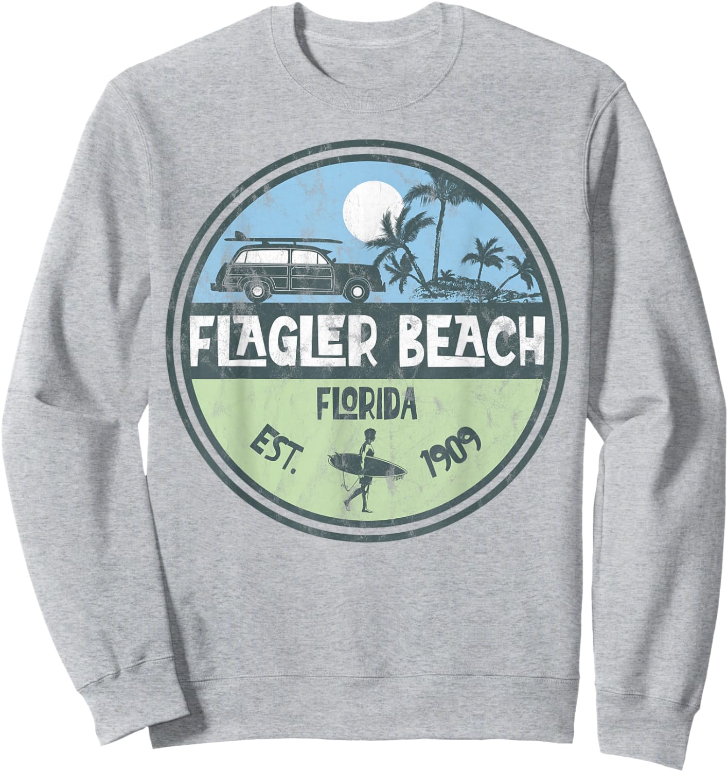 Flagler Beach Florida Wagon Beach Palms Surfer Vintage Women Kids Sweatshirt - Sweatshirt | Ash
