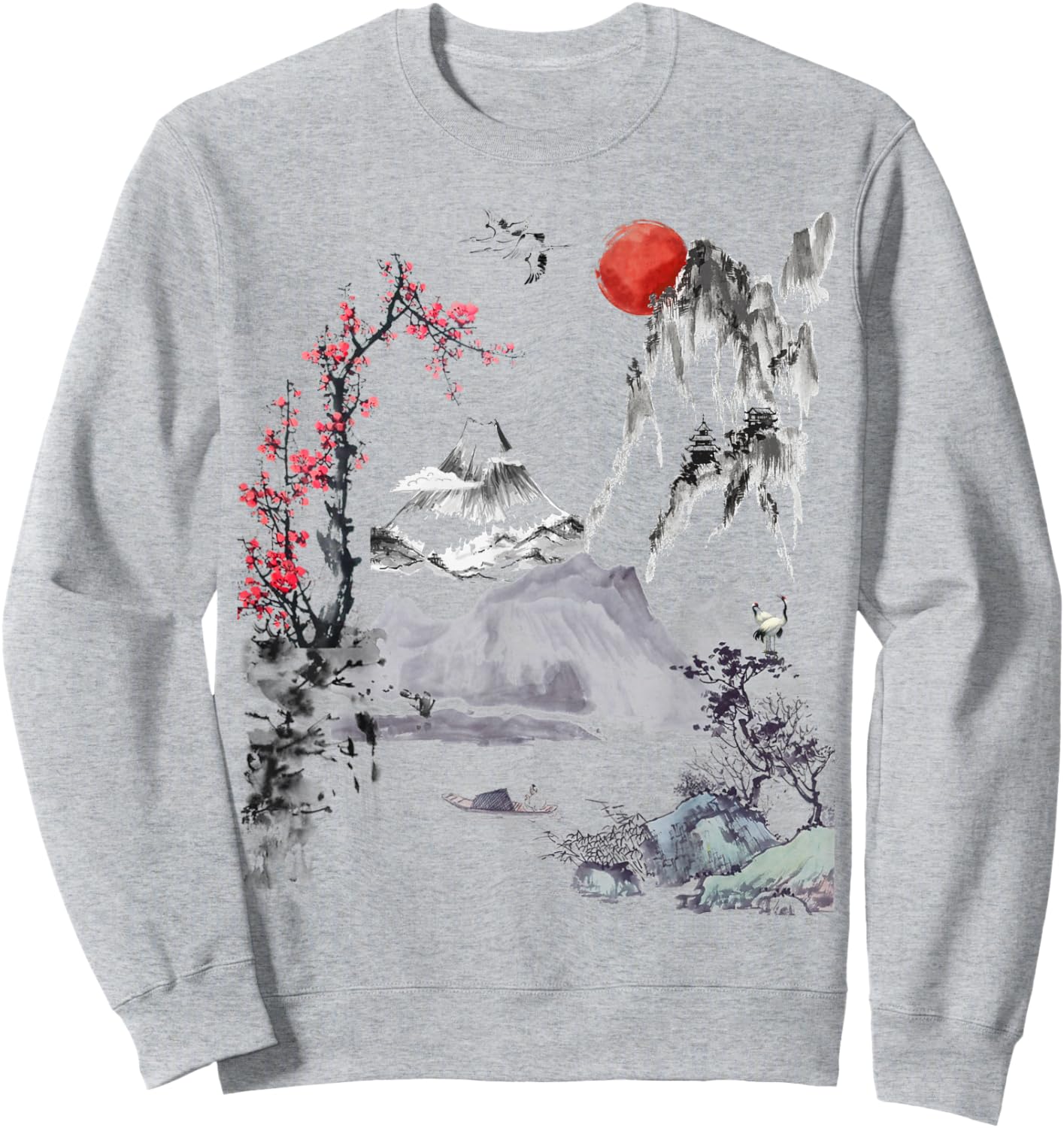 Japanese Art Tree Red Moon With Birds Flying in Background Sweatshirt - Sweatshirt | Ash
