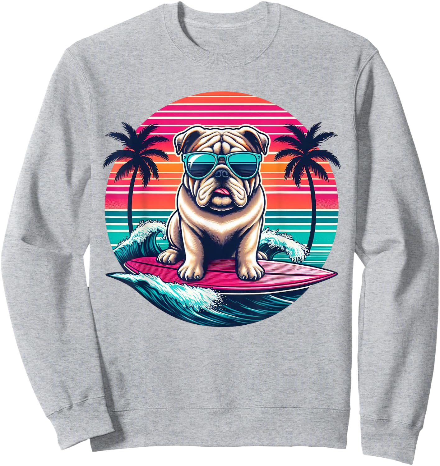 Surfing English Bulldog Retro Sunset Men Women Kids Sweatshirt - Sweatshirt | Ash