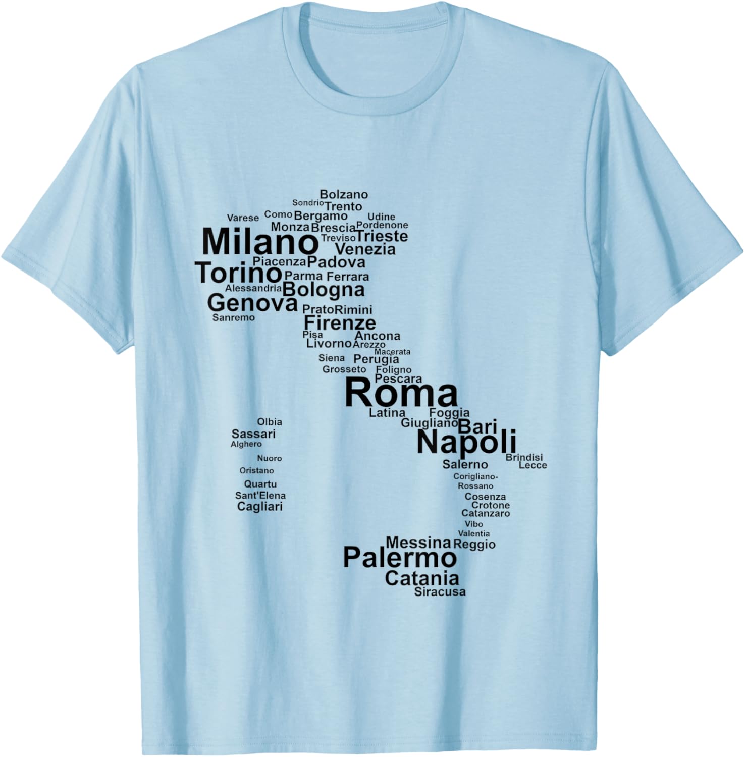 Italy Map Silhouette Towns Cities Rome Milan Travel Europe T-Shirt - T-Shirt | Light Blue