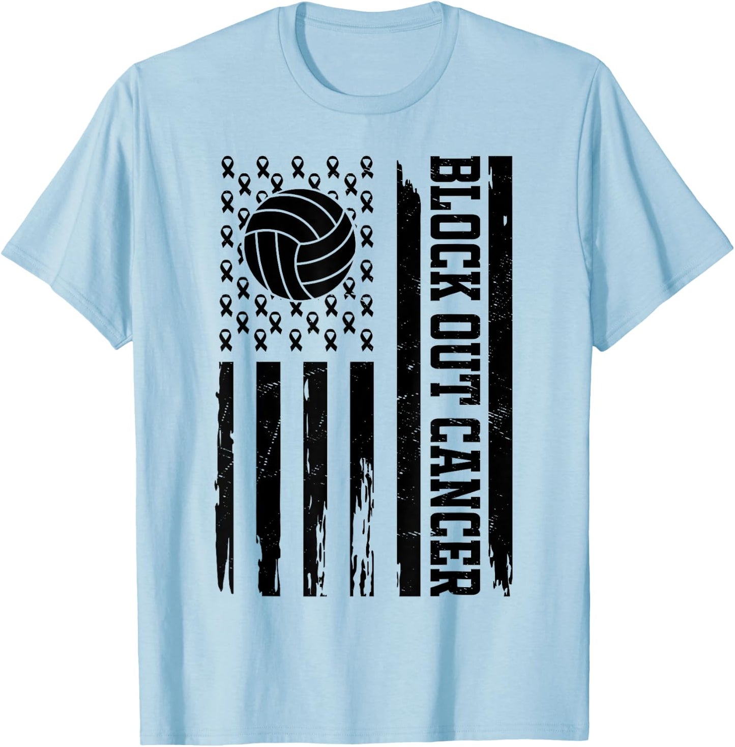 Volleyball Breast Cancer Awareness Block Out Cancer T-Shirt - T-Shirt | Light Blue