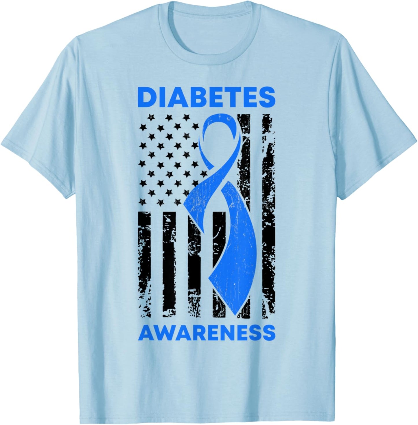 Diabetes Awareness Month American US Flag T1D Blue Ribbon T-Shirt - T-Shirt | Light Blue