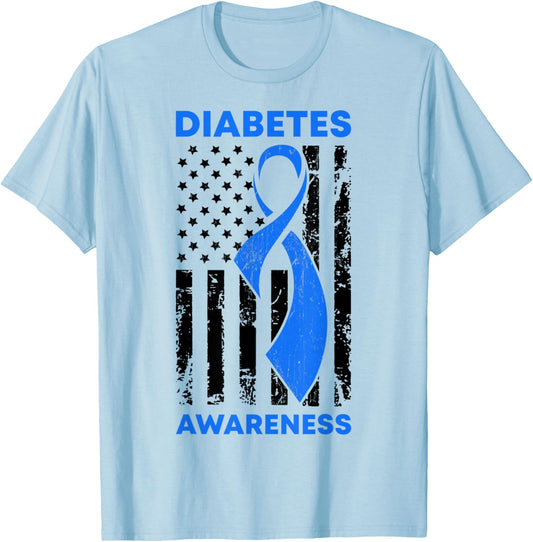 Diabetes Awareness Month American US Flag T1D Blue Ribbon T-Shirt - T-Shirt | Light Blue
