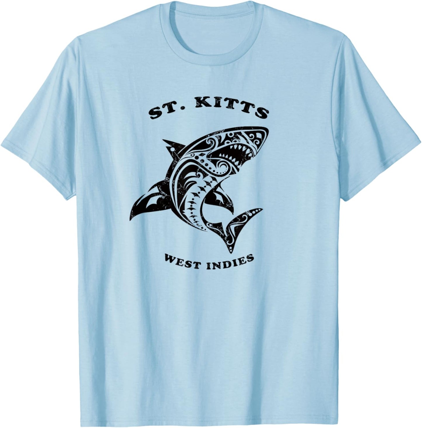 St. Kitts, West Indies Vintage Retro Tribal Shark Vacation T-Shirt - T-Shirt | Light Blue