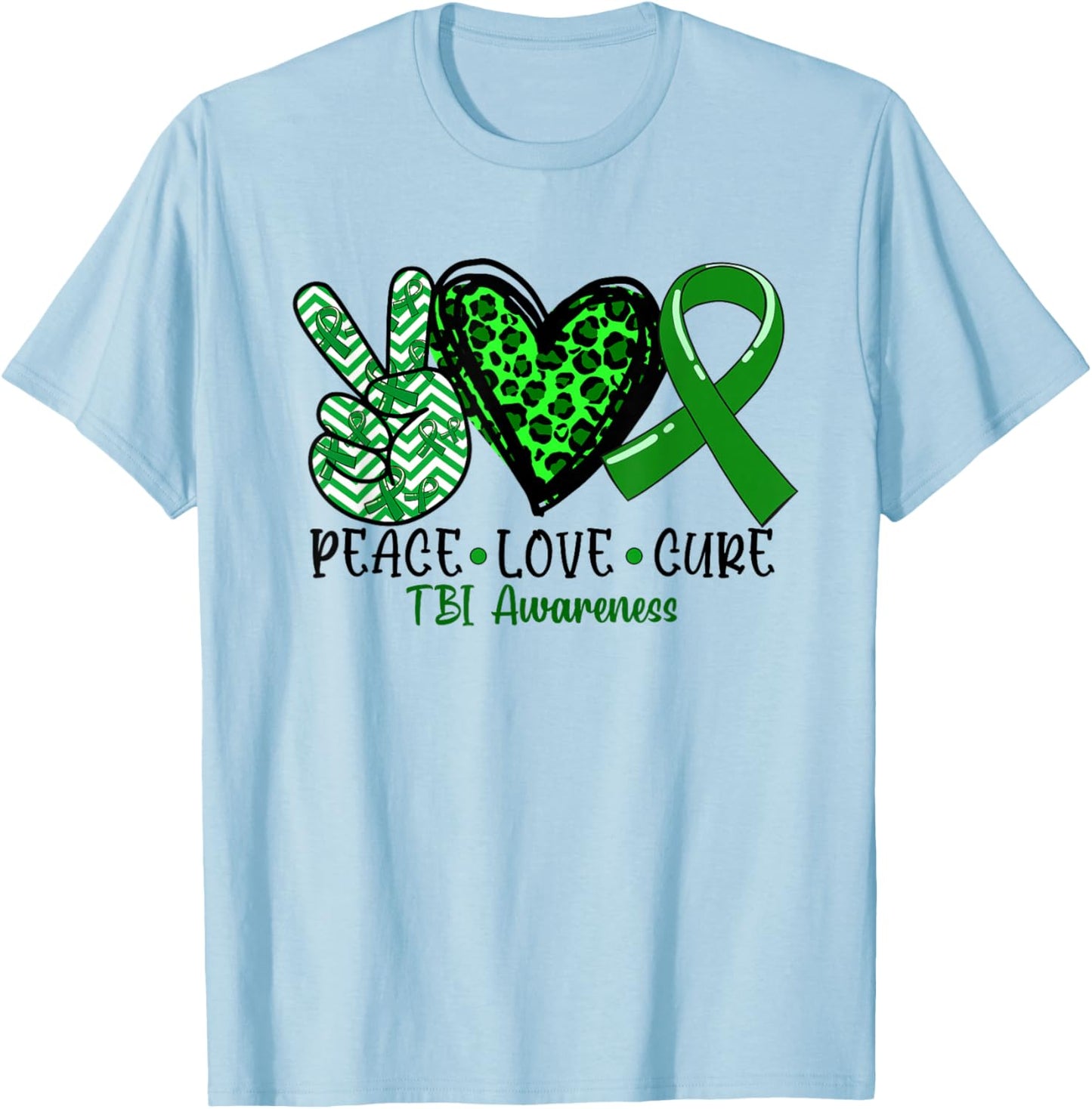 Peace Love Cure TBI Traumatic Brain Injury Awareness T-Shirt - T-Shirt | Light Blue