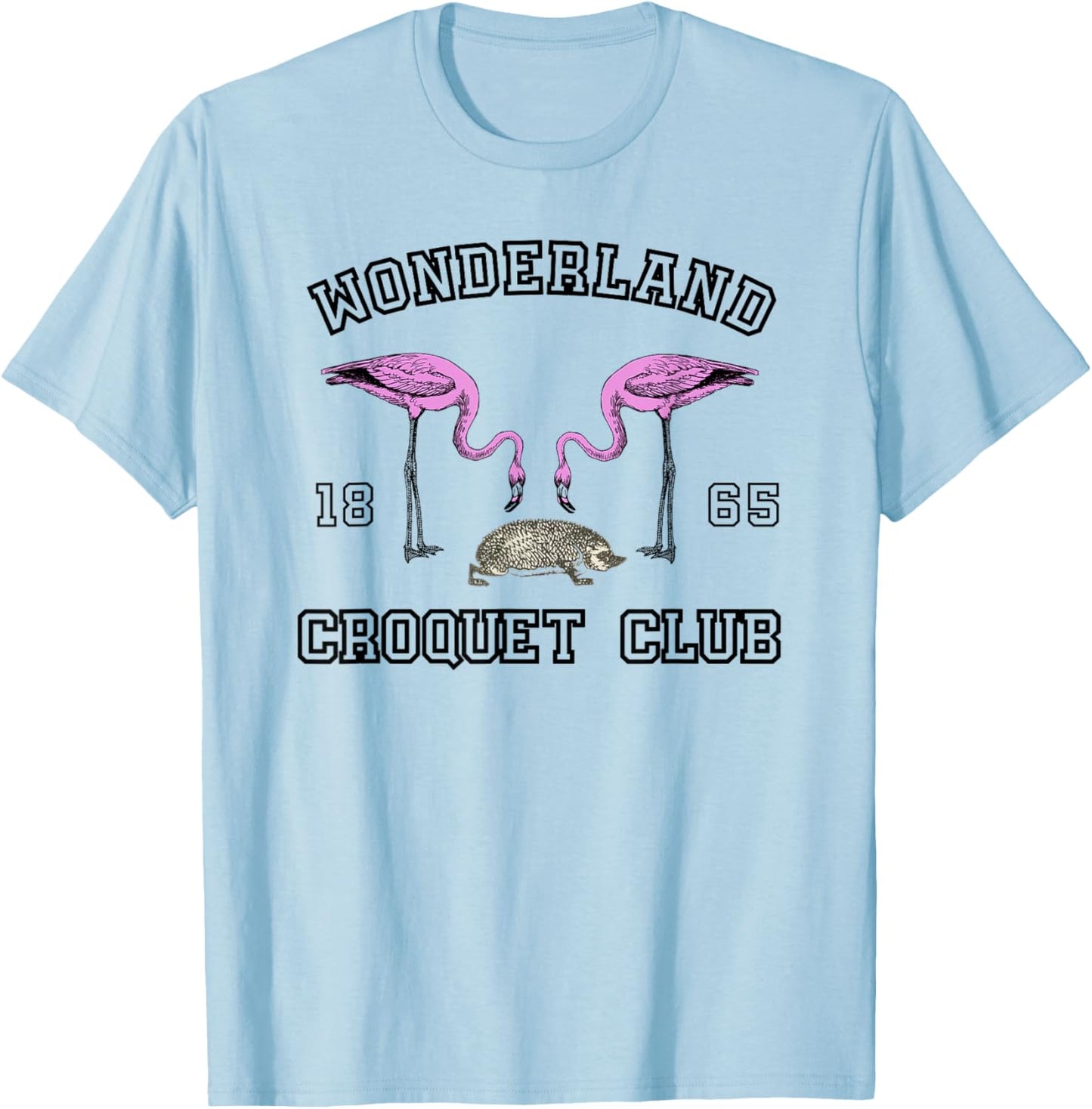 Lispe Wonderland Croquet Club with Flamingos and Hedgehog , White T-Shirt - T-Shirt | Light Blue