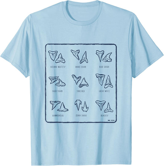 Shark Tooth Collector Chart - Various Shark Teeth T-Shirt - T-Shirt | Light Blue