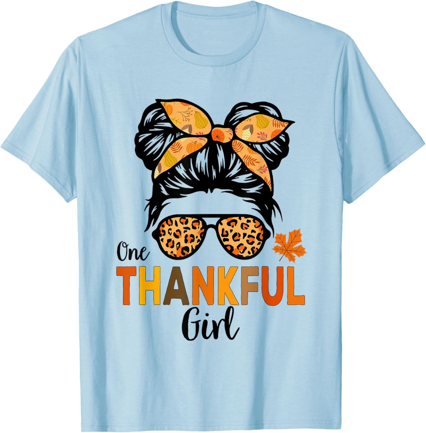 Thanksgiving Shirts for Girls Kids Thankful Girl Messy Bun T-Shirt - T-Shirt | Light Blue
