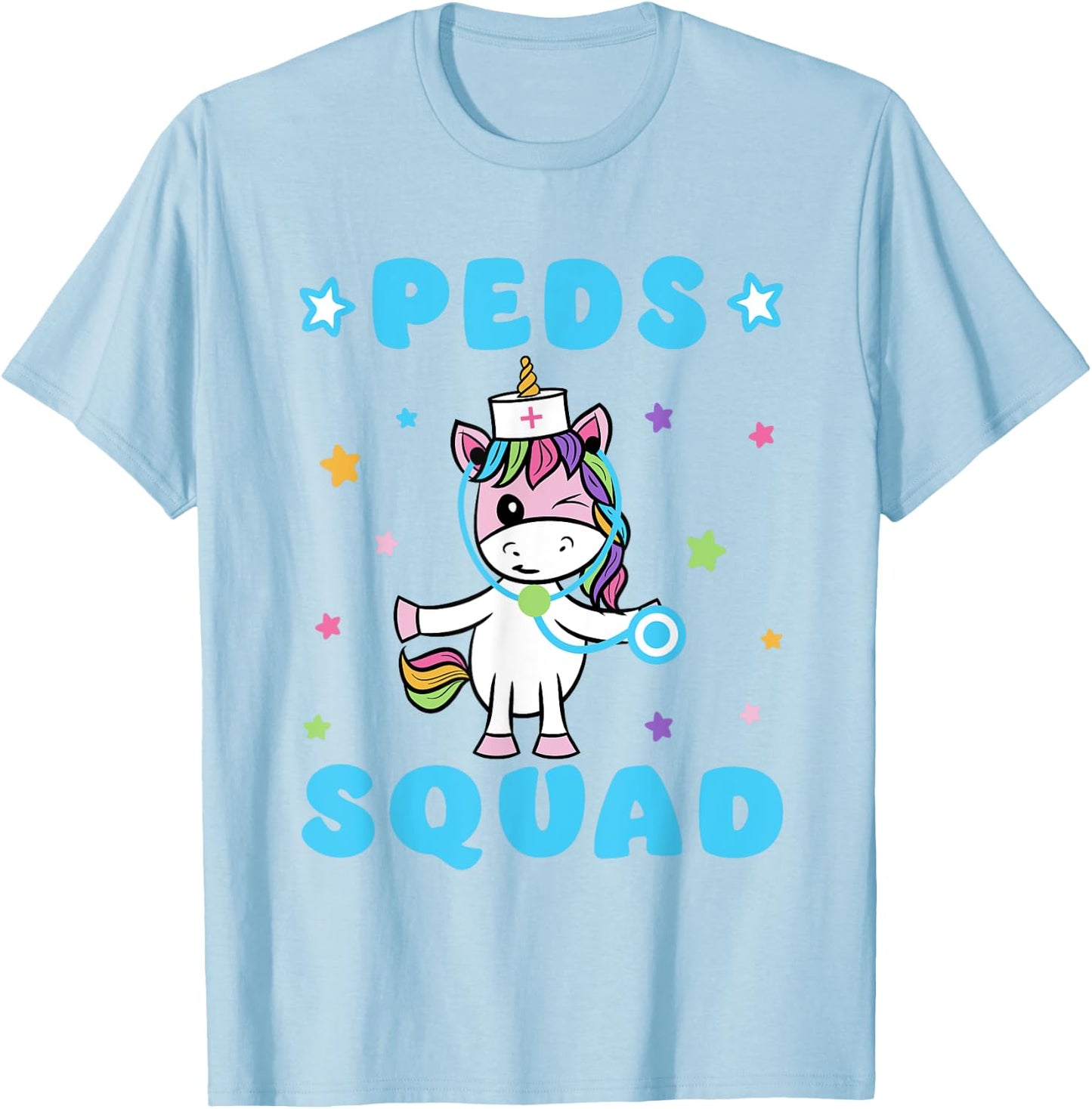 Peds Squad Pediatric Nurse - Funny Unicorn Stethoscope T-Shirt - T-Shirt | Light Blue