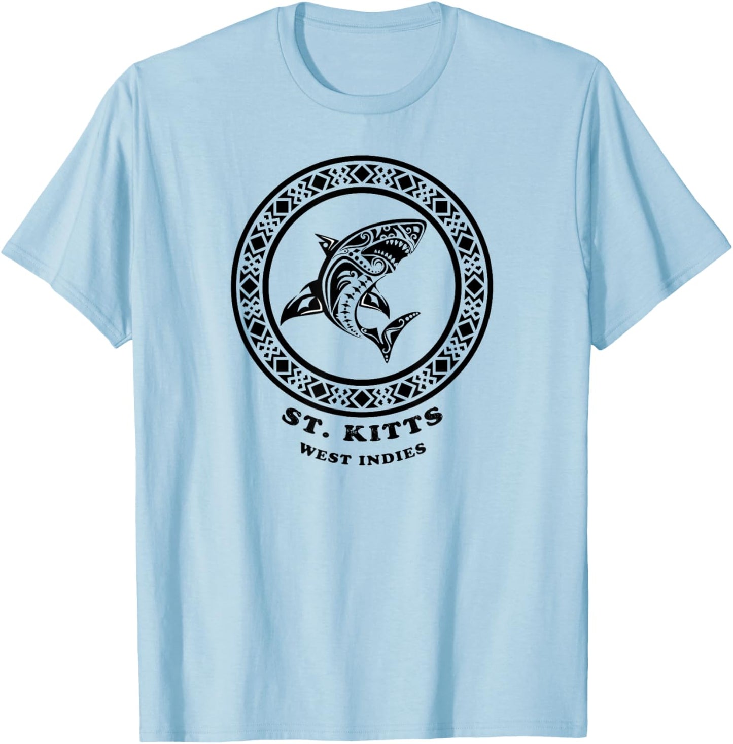 St. Kitts, West Indies Vintage Retro Tribal Shark Vacation T-Shirt - T-Shirt | Light Blue