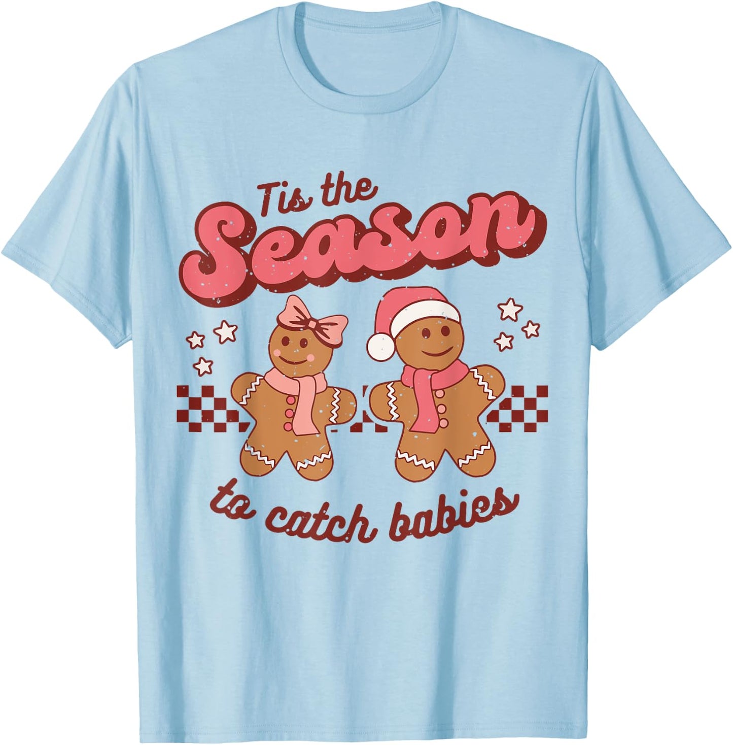 Christmas Labor And Delivery Postpartum Nurse Retro Midwife T-Shirt - T-Shirt | Light Blue