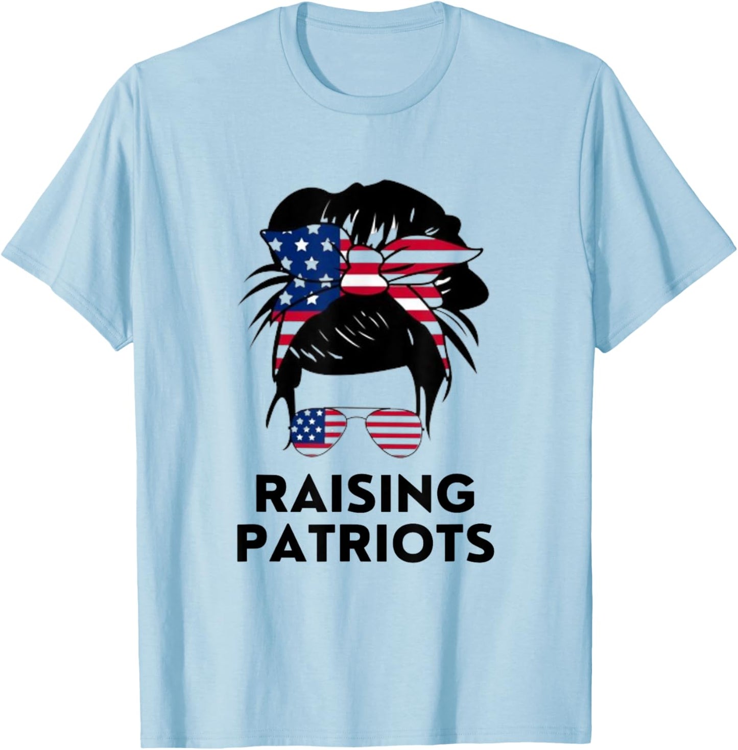 Raising Patriots Messy Bun Mom American Flag T-Shirt - T-Shirt | Light Blue