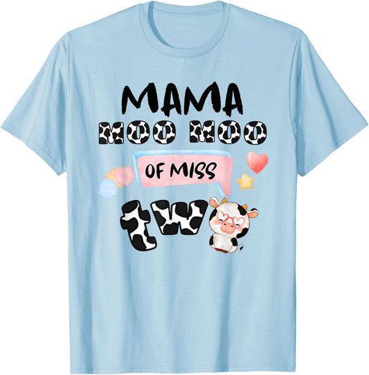 Girl Second Birthday Party Pink Cow Mama Moo I'm Two Animal T-Shirt - T-Shirt | Light Blue