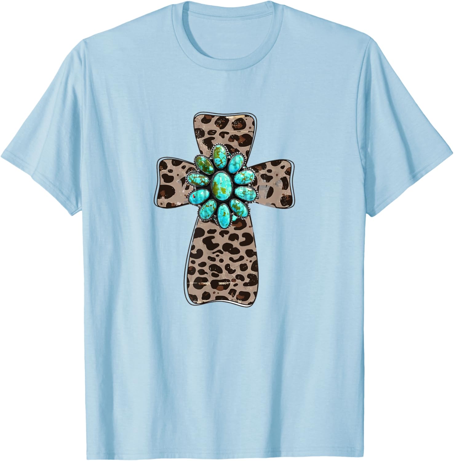 Leopard Cross With Turquoise Southern Western Christian T-Shirt - T-Shirt | Light Blue