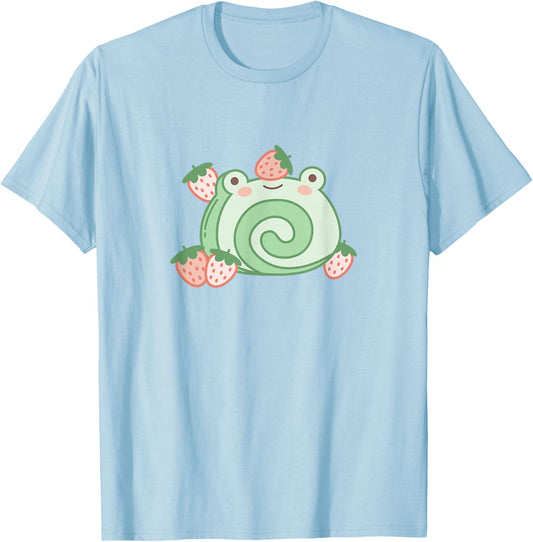 Cute Frog Strawberry Cake Kawaii Aesthetic Pink T-Shirt - T-Shirt | Light Blue