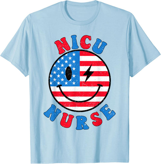 NICU Nurse 4th of July American Flag Patriotic Neonatal ICU T-Shirt - T-Shirt | Light Blue