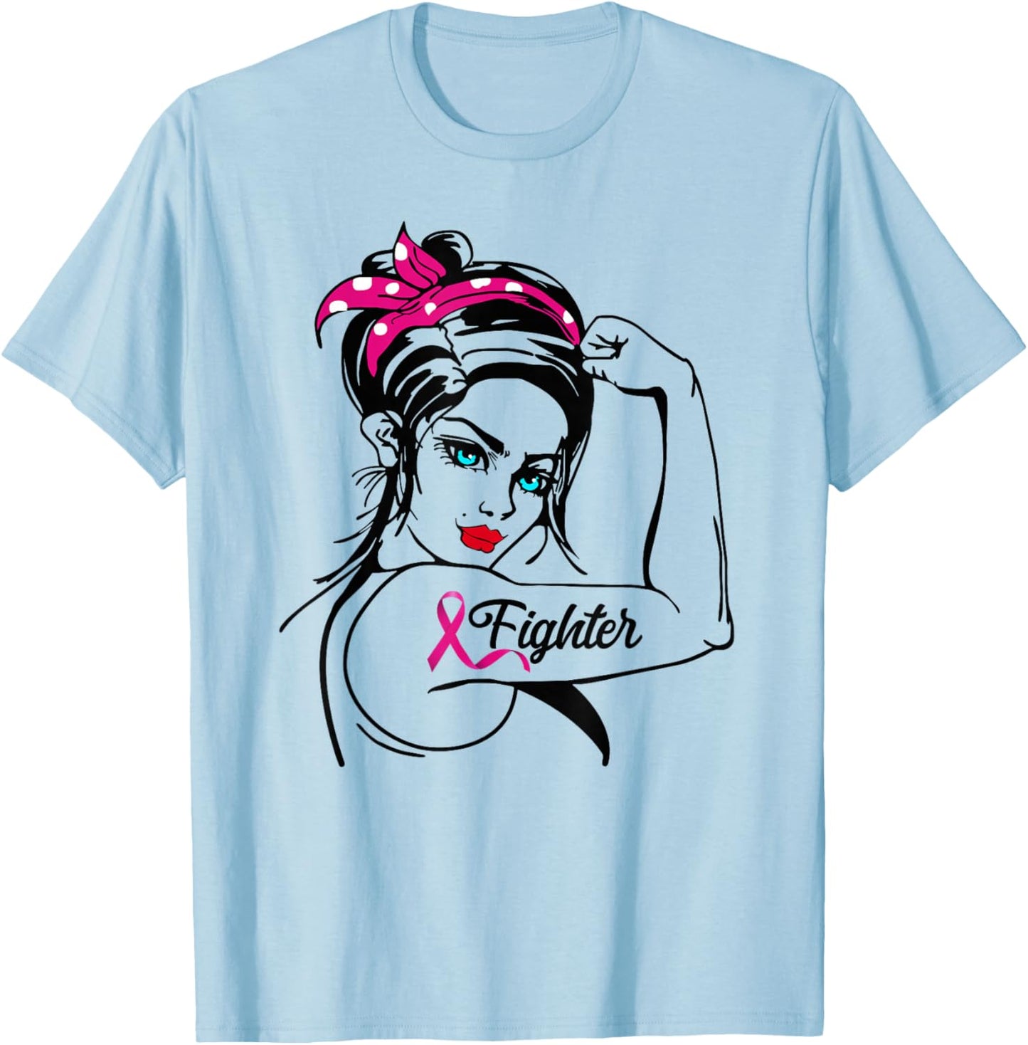 Fighter Rosie The Riveter Breast Cancer Awareness T-Shirt - T-Shirt | Light Blue