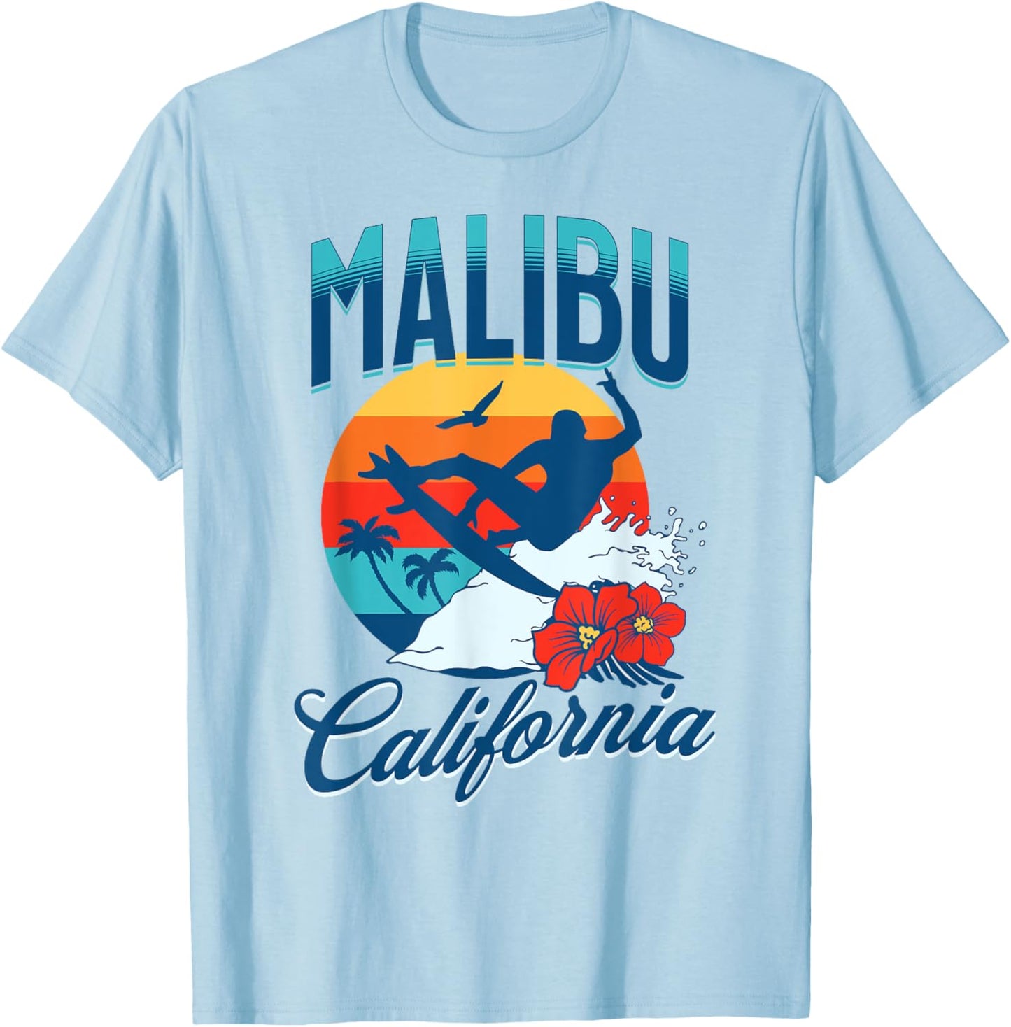 Malibu California Beach Surf Summer Vacation Vintage T-Shirt - T-Shirt | Light Blue