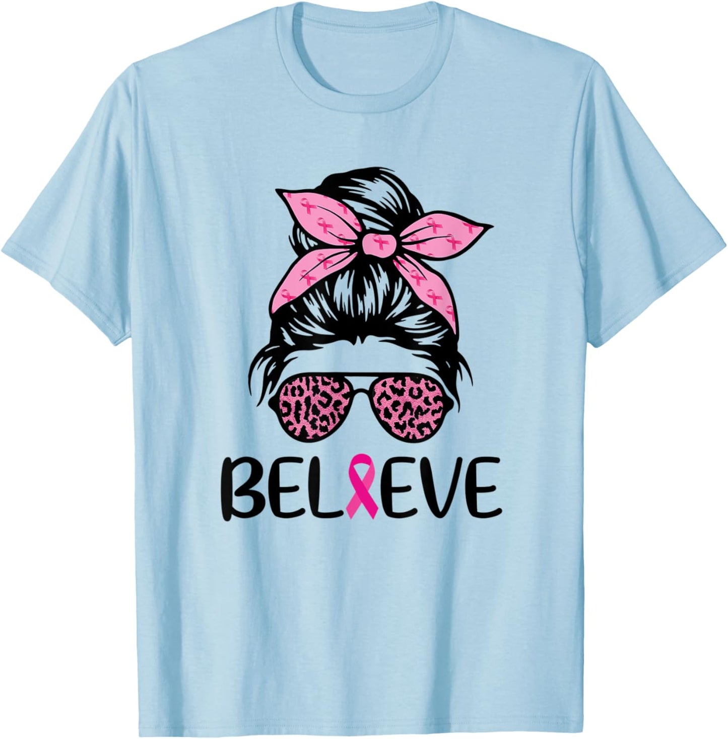 Believe Messy Bun Leopard Ribbon Breast Cancer Awareness T-Shirt - T-Shirt | Light Blue