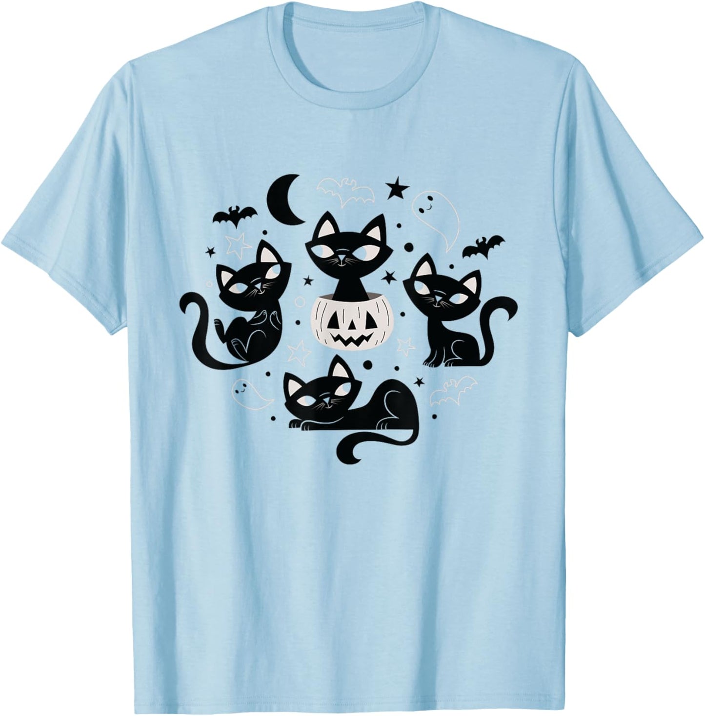 Cute Retro Black Cats Fall Halloween T-Shirt - T-Shirt | Light Blue