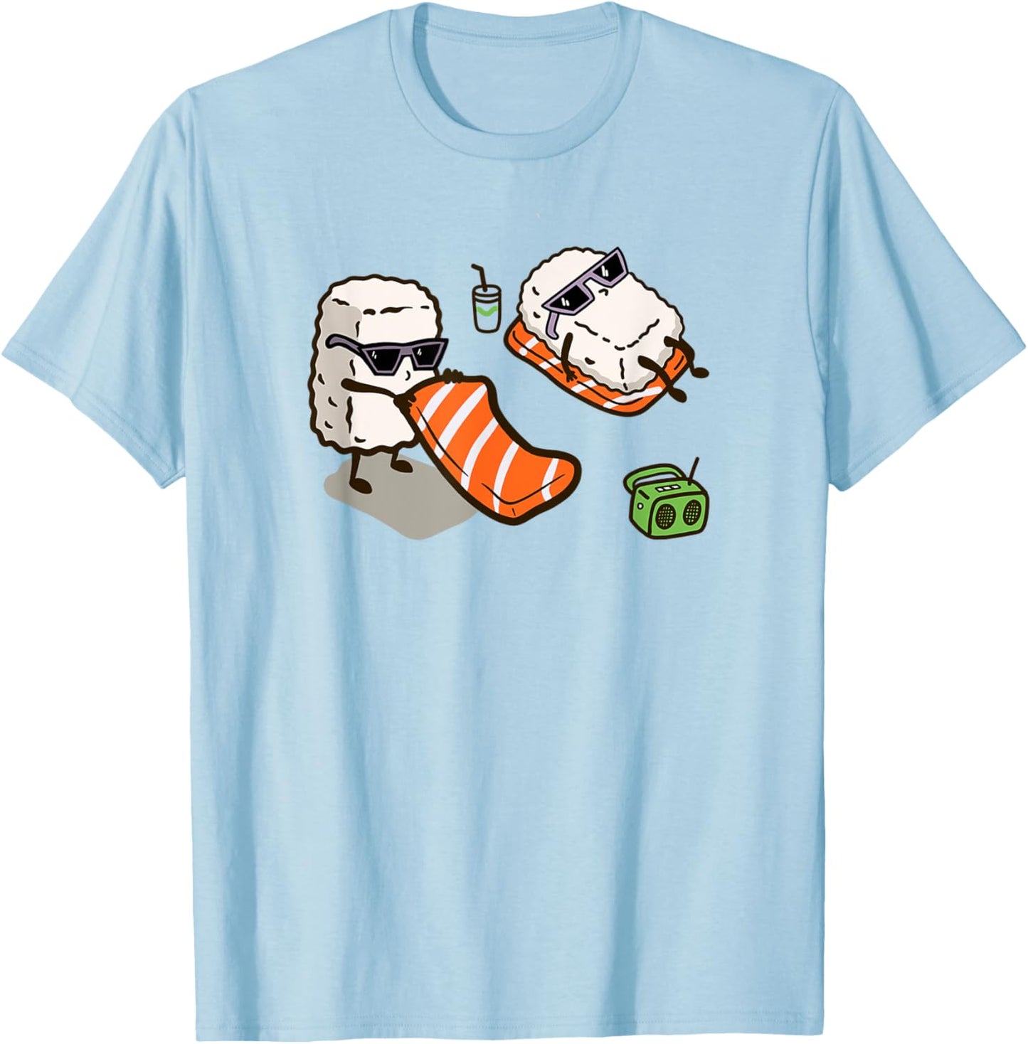 Funny Sushi Sunbathing on the Beach | Kawaii Salmon Sushi Women Girls Kids T-Shirt - T-Shirt | Light Blue