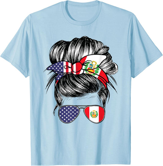 Peru Flag American Women Girl USA Heritage Peruvian T-Shirt - T-Shirt | Light Blue