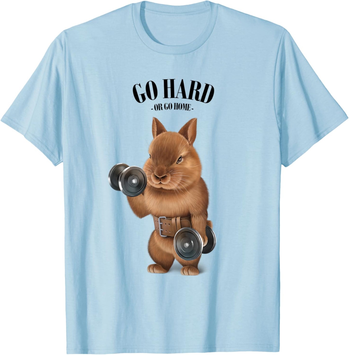 Dwarf Rabbit Muscle Training with Dumbbell in Fitness Gym T-Shirt - T-Shirt | Light Blue