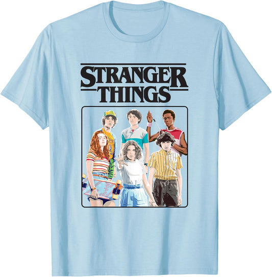Stranger Things Vintage Eighties Retro Group Shot Title Logo T-Shirt - T-Shirt | Light Blue