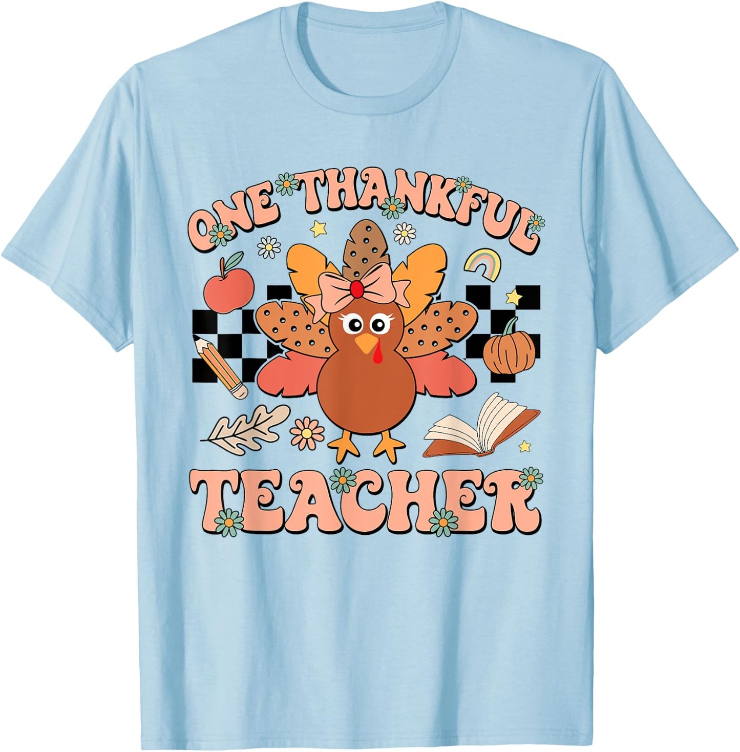 One Thankful Teacher Thanksgiving Retro Groovy Fall Teachers T-Shirt - T-Shirt | Light Blue