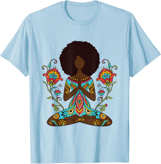 Afro Hair Black Girl Yoga Zen Mandala Meditation T-Shirt - T-Shirt | Light Blue