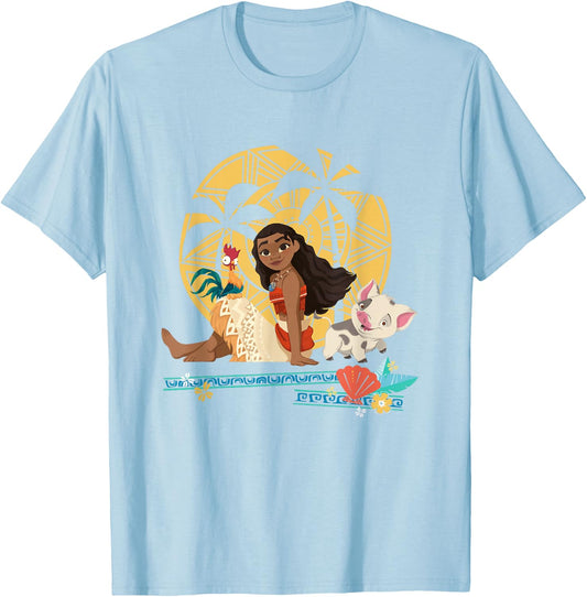 Disney Moana Hei Hei Moana Pua Enjoying Sunset Chest Poster T-Shirt - T-Shirt | Light Blue