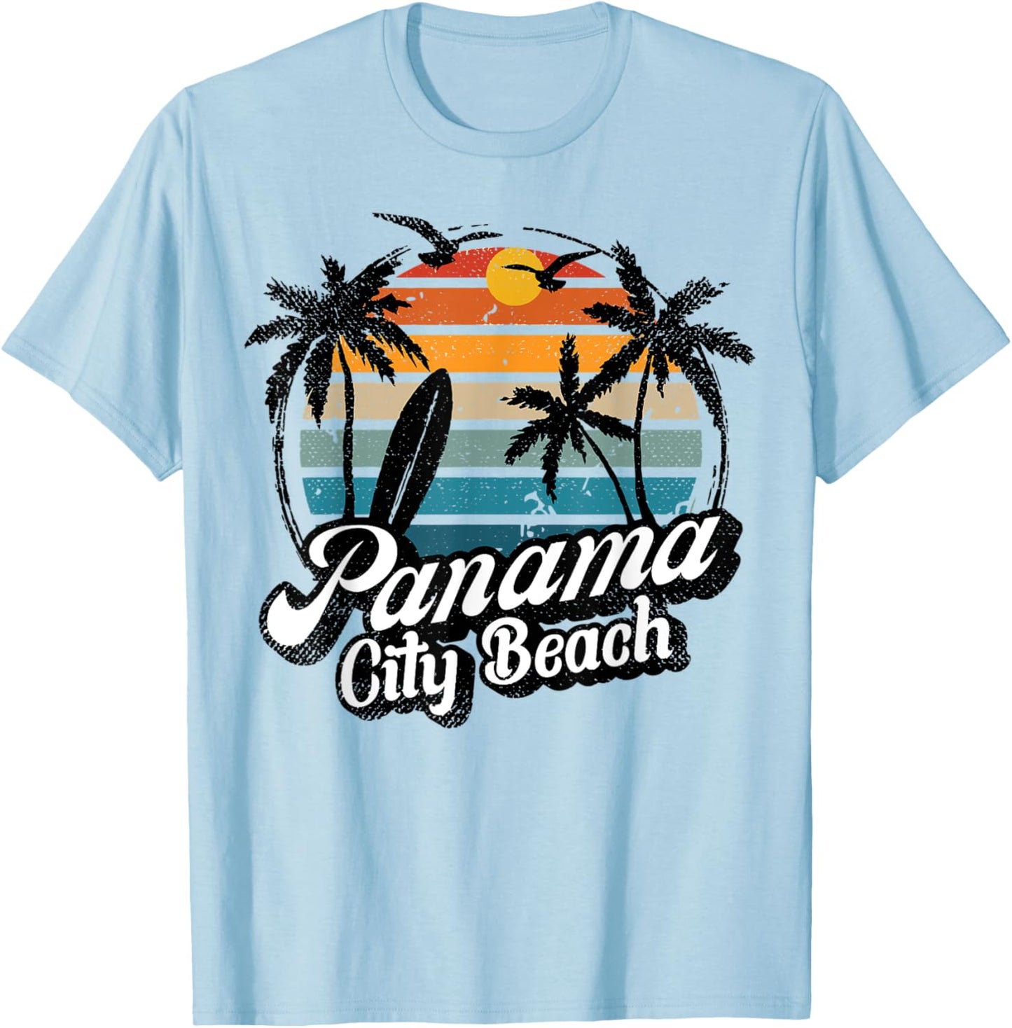 Panama City-Beach Florida Palm Tree Surf Retro beach Sunset Men Women Kids T-Shirt - T-Shirt | Light Blue