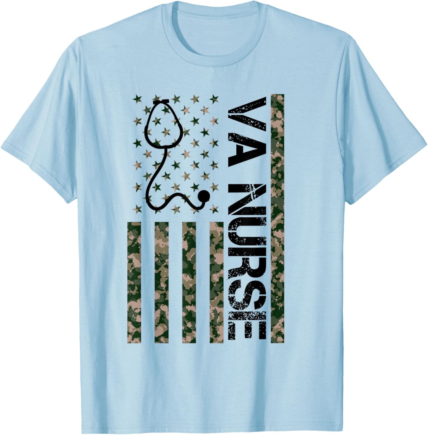 VA Nurse Camouflage American Flag Patriotic Nurse Week 2024 T-Shirt - T-Shirt | Light Blue