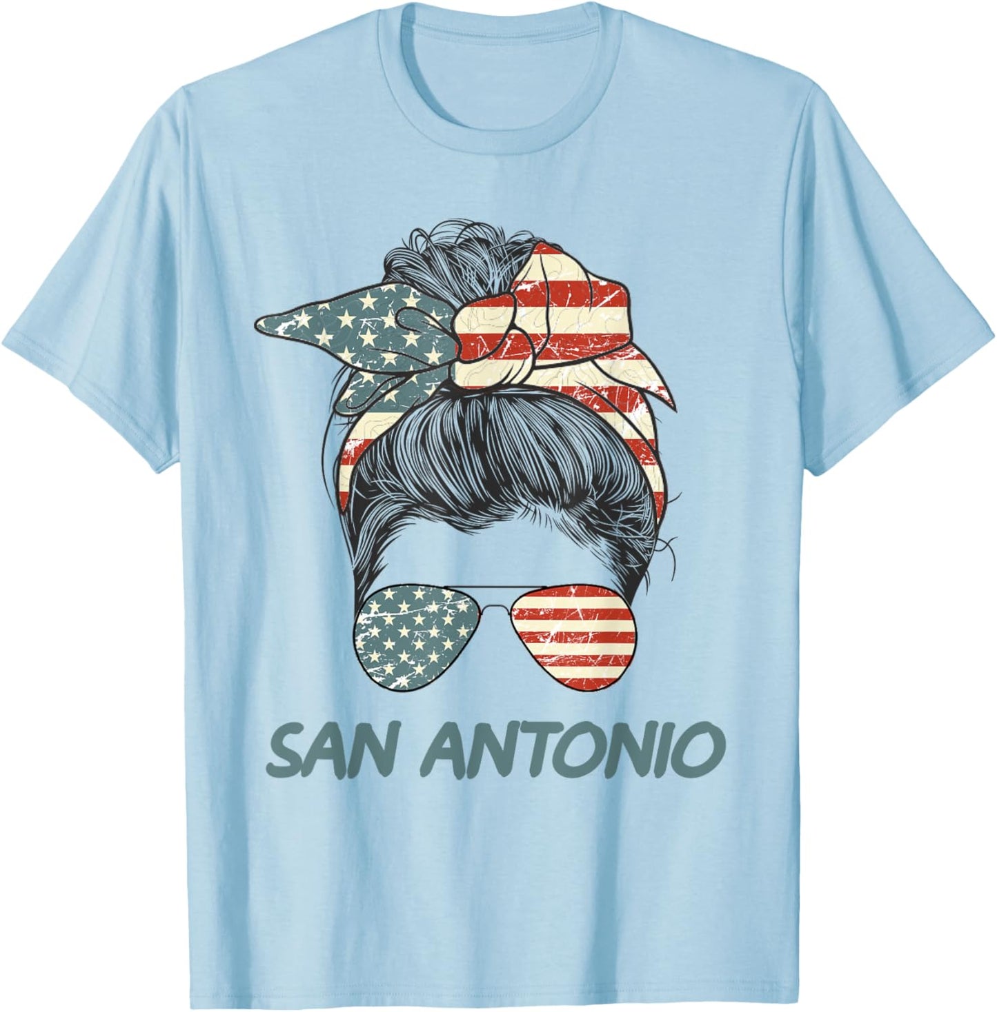 San Antonio Girl Messy bun, Texas Pride Patriotic USA flag T-Shirt - T-Shirt | Light Blue